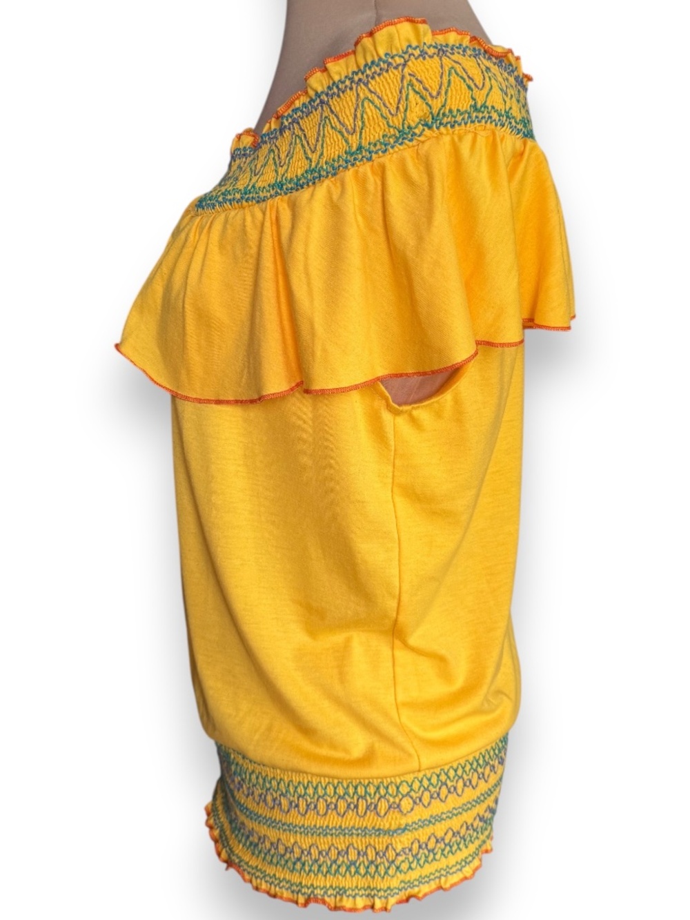 CHANCES R Yellow Off Shoulder Smocked Embroidered Top Size XL - Picture 4 of 6